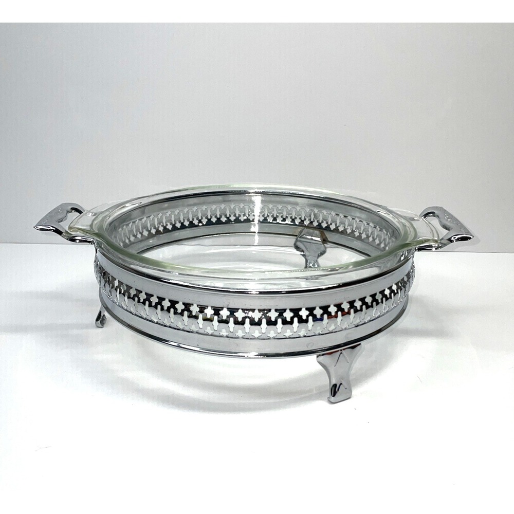 Anchor Hocking Fire King Glass 1-1/2 Qt Casserole Dish W Silver Plated Stand Vtg
